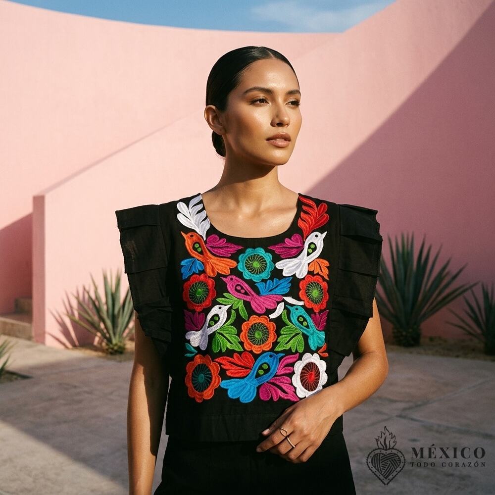Traditional Mexican Huipil style Blouse – Handmade Embroidered Manta Top S M